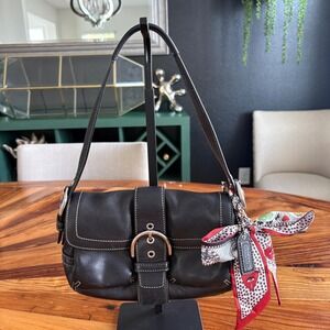 Coach Black Leather Shoulder Bag with Red/White Scarf Accent